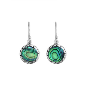 Sterling Silver round Abalone Shell earrings with textured silver frame and Earwire for wholesale jewelry.