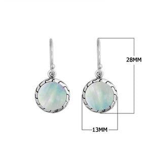 Sterling Silver Mother of Pearl round earrings with patterned silver frame and Earwire for wholesale jewelry.