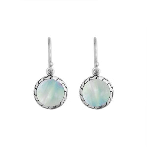 Sterling Silver Mother of Pearl round earrings with patterned silver frame and Earwire for wholesale jewelry.