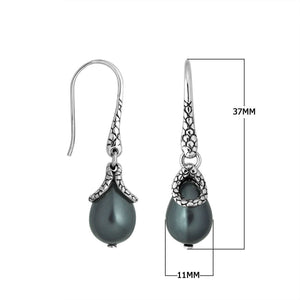 Sterling silver Dark Pearl earrings with teardrop design and polished finish for wholesale collection.