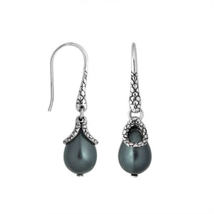 Sterling silver Dark Pearl earrings with teardrop design and polished finish for wholesale collection.