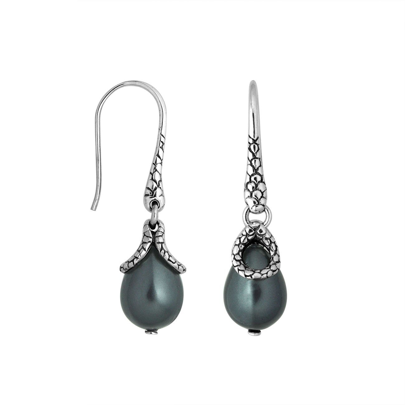 Sterling silver Dark Pearl earrings with teardrop design and polished finish for wholesale collection.
