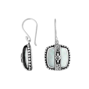 Sterling silver Mother Of Pearl earrings with square design and floral silver detailing for wholesale collection.