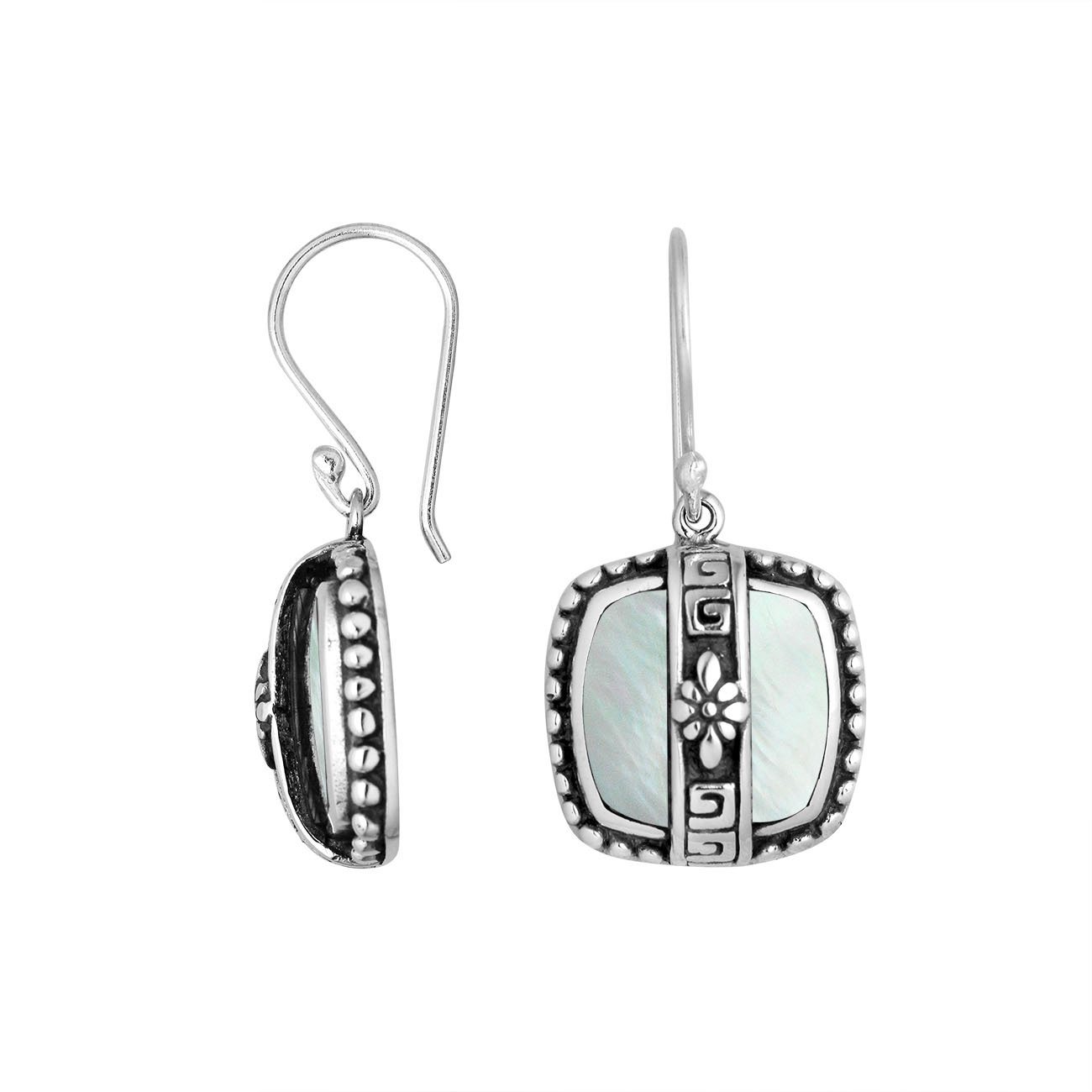 Sterling silver Mother Of Pearl earrings with square design and floral silver detailing for wholesale collection.