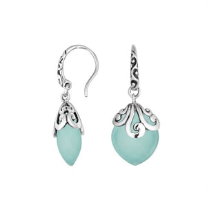 Sterling silver Green Chalcedony Quartz earrings with faceted teardrop design and ornate silver scrollwork for wholesale collection.
