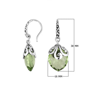 Sterling silver Green Amethyst Quartz earrings with faceted teardrop design and ornate silver scrollwork for wholesale collection.