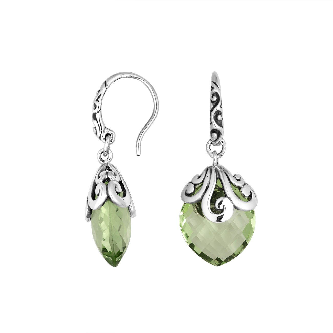 Sterling silver Green Amethyst Quartz earrings with faceted teardrop design and ornate silver scrollwork for wholesale collection.