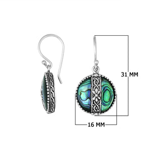 Sterling silver Abalone Shell earrings with round design and floral silver center strip for wholesale collection.