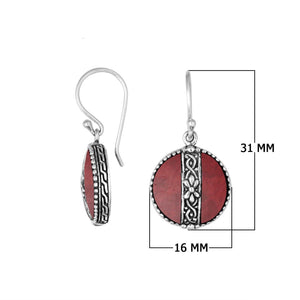 Sterling silver Red Coral earrings with round design and floral silver center strip for wholesale collection.
