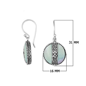 Sterling silver Mother Of Pearl earrings with round design and floral silver center strip for wholesale collection.