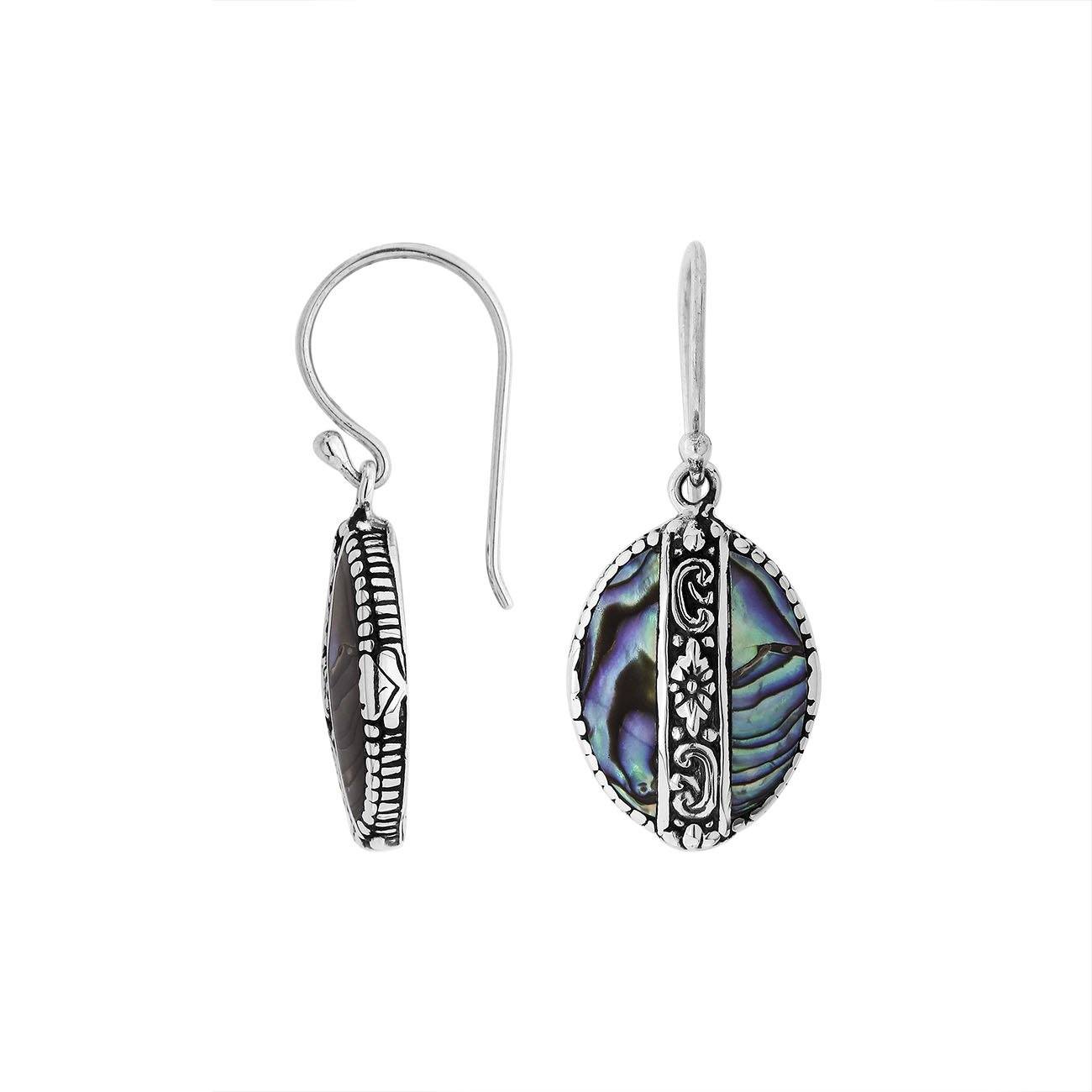 Sterling silver Abalone Shell oval earrings with floral silver center band for wholesale jewelry collection.