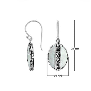 Sterling silver Mother Of Pearl oval earrings with floral silver center band for wholesale jewelry collection.