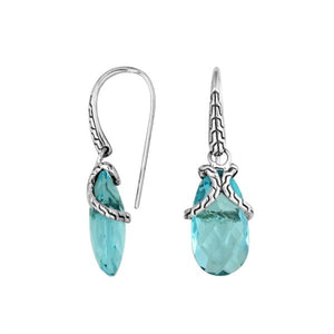 Sterling silver Blue Topaz Quartz drop earrings with woven silver detailing for wholesale jewelry collections.