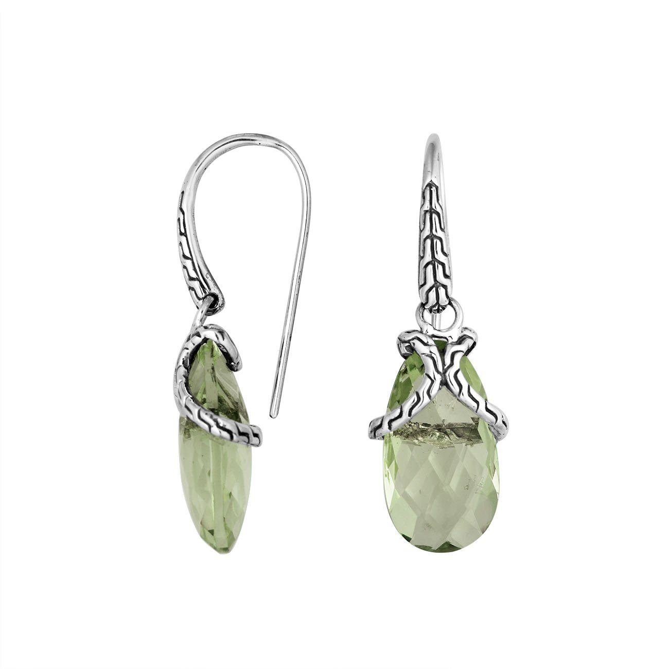 Sterling silver Green Amethyst Quartz drop earrings with woven silver detailing for wholesale jewelry collections.