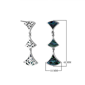Sterling silver Abalone Shell three-section drop earrings with filigree design and post clip lock for wholesale jewelry collections.
