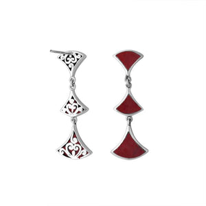 Sterling silver Red Coral drop earrings with elegant filigree design and post clip lock for wholesale jewelry collections.