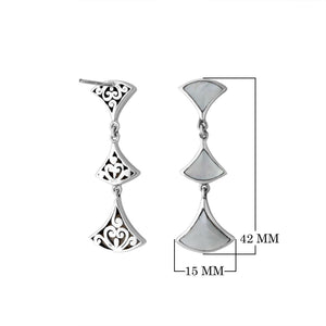 Sterling silver Mother of Pearl drop earrings with filigree design and post clip lock for wholesale jewelry collections.