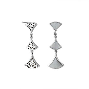 Sterling silver Mother of Pearl drop earrings with filigree design and post clip lock for wholesale jewelry collections.