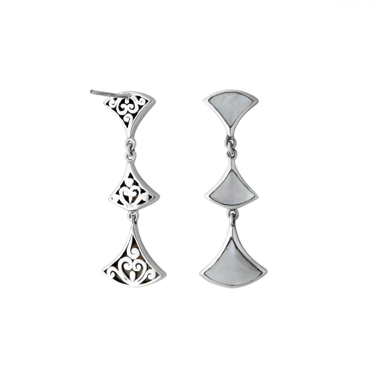 Sterling silver Mother of Pearl drop earrings with filigree design and post clip lock for wholesale jewelry collections.