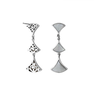 Sterling silver Mother of Pearl drop earrings with filigree design and post clip lock for wholesale jewelry collections.