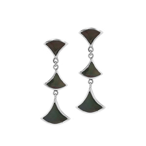 Sterling silver Black Shell three-section fan drop earrings with post clip lock for wholesale jewelry collections.