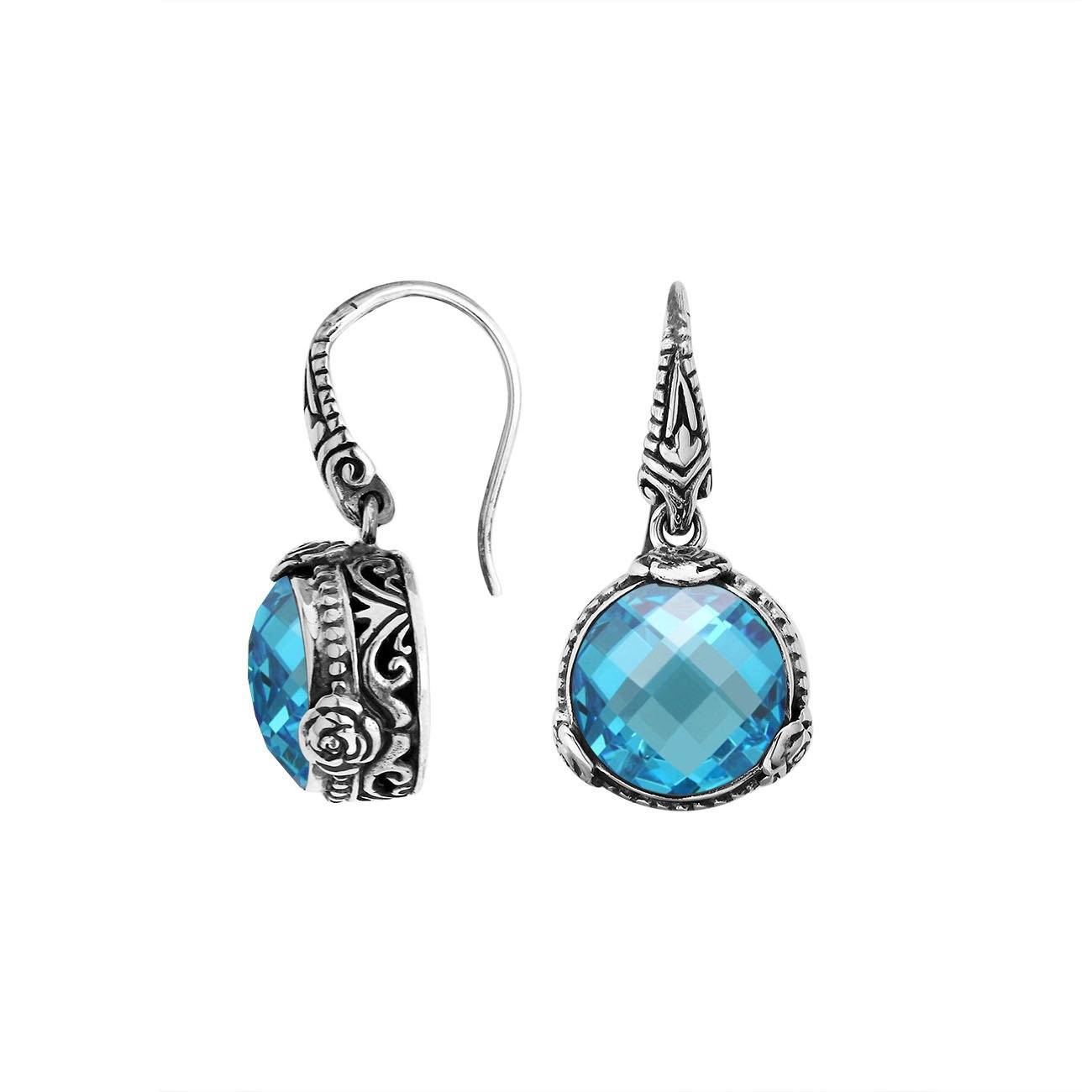 Sterling silver Blue Topaz Quartz earrings with floral detailing and earwire lock for wholesale jewelry collections.