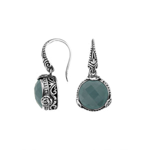 Sterling Silver Blue Chalcedony Quartz earrings with ornate silver frame and Earwire closure.