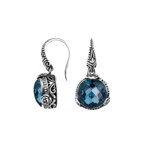 Sterling Silver London Blue Topaz Quartz earrings with textured silver frame and Earwire closure.