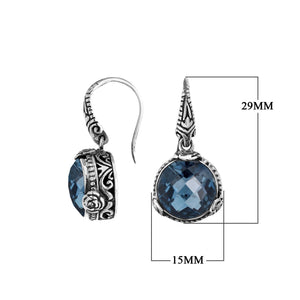 Sterling Silver London Blue Topaz Quartz earrings with textured silver frame and Earwire closure.