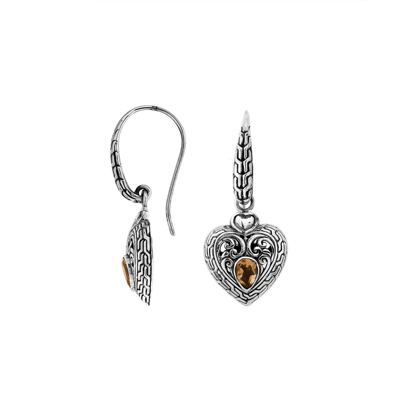 Sterling silver heart earrings with Citrine Quartz and filigree design for wholesale collections.