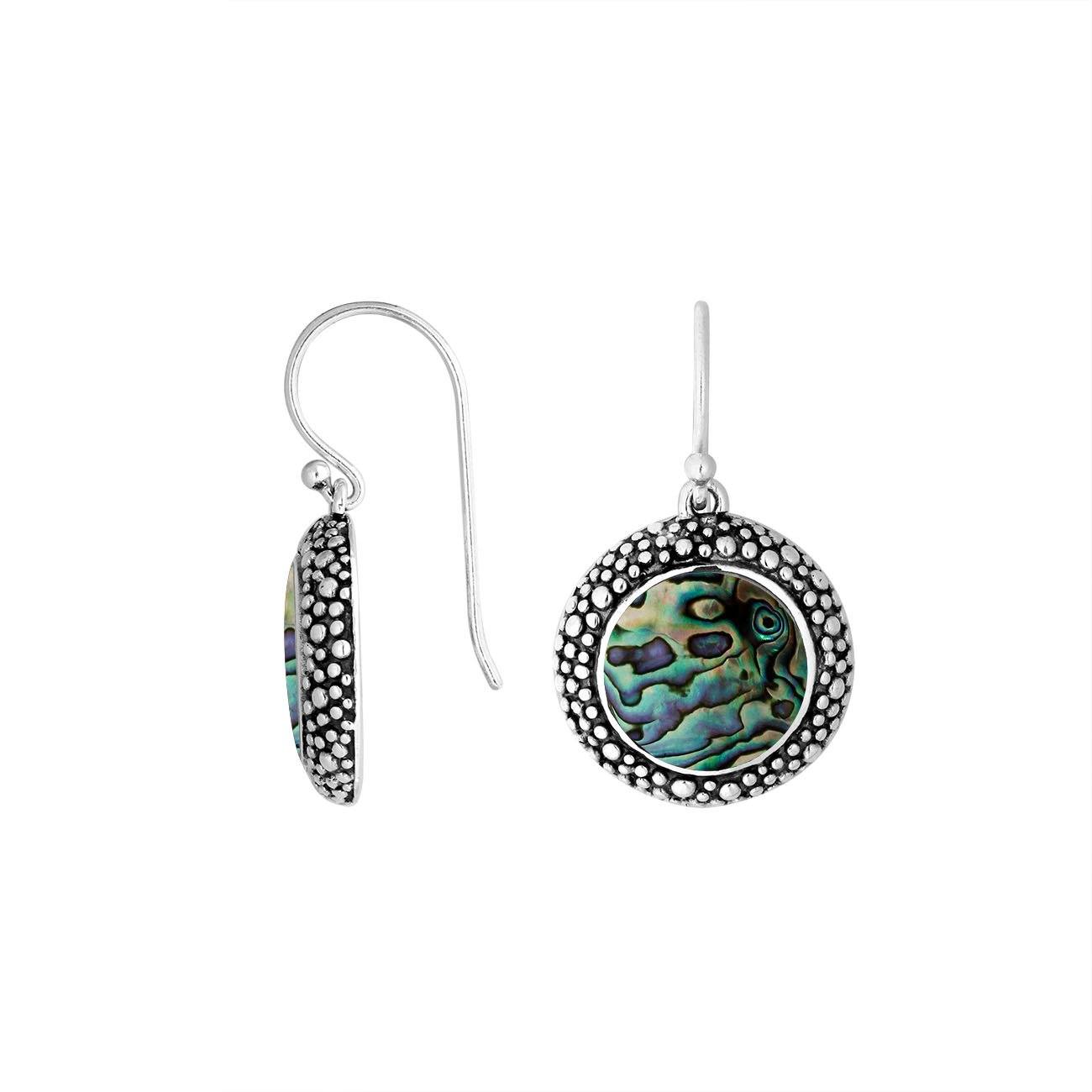 Sterling silver round earrings with Abalone Shell and oxidized dotted border for wholesale collections.