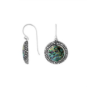 Sterling silver round earrings with Abalone Shell and oxidized dotted border for wholesale collections.