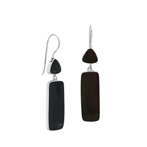Sterling Silver Black Shell Geometric Tapered Top And Rectangle Panel Earrings With Polished Finish