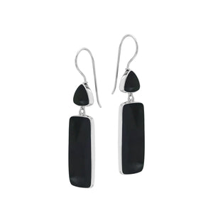 Sterling Silver Black Shell Geometric Tapered Top And Rectangle Panel Earrings With Polished Finish