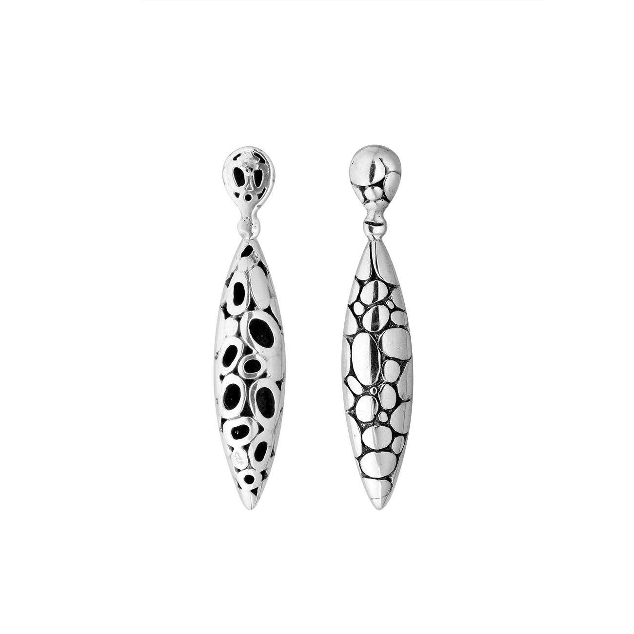 Sterling Silver Carved Elongated Tapered Dangle Earrings With Oxidized Finish