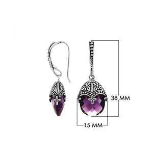 Sterling Silver Amethyst Quartz Faceted Drop Earrings With Ornate Bali Cap And Oxidized Finish
