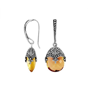 Sterling Silver Citrine Quartz Faceted Drop Earrings With Ornate Bali Cap And Oxidized Finish