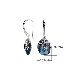 Sterling Silver London Blue Topaz Quartz Faceted Drop Earrings With Ornate Bali Cap And Oxidized Finish