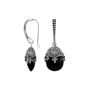 Sterling Silver Black Onyx Faceted Drop Earrings With Ornate Bali Cap And Oxidized Finish