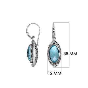 Sterling Silver Blue Topaz Quartz Faceted Oval Earrings With Ornate Bali Frame And Oxidized Finish