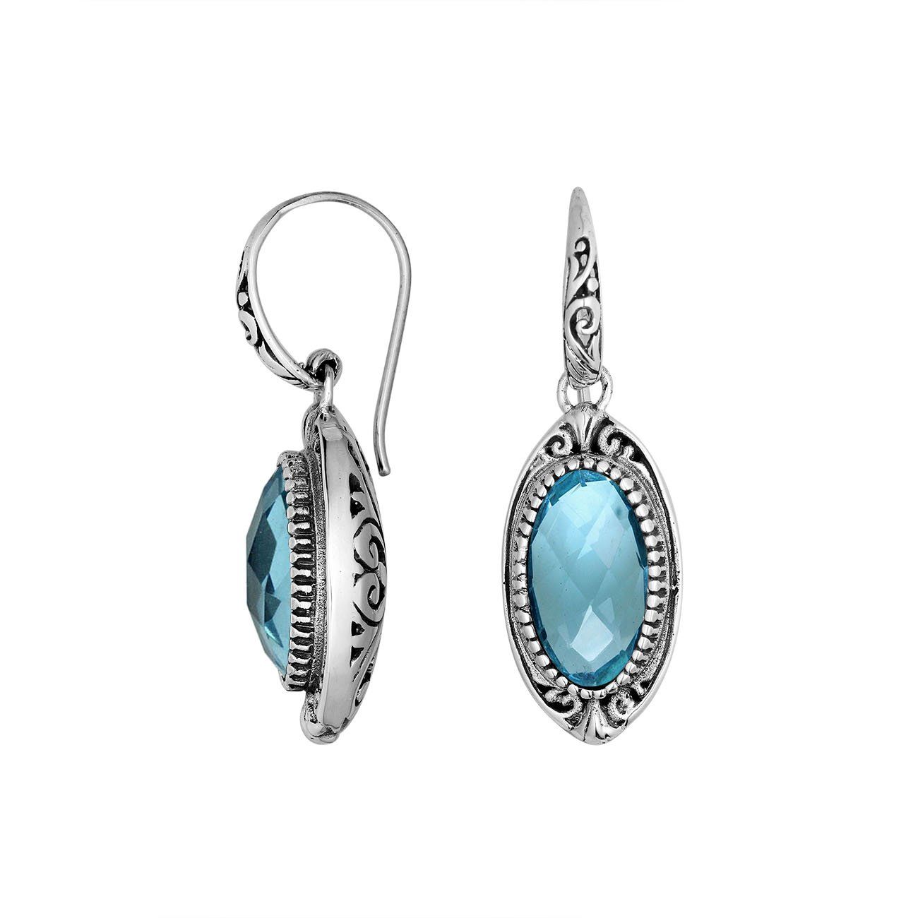 Sterling Silver Blue Topaz Quartz Faceted Oval Earrings With Ornate Bali Frame And Oxidized Finish