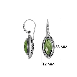 Sterling Silver Green Amethyst Quartz Faceted Oval Earrings With Ornate Bali Frame And Oxidized Finish