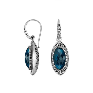 Sterling Silver London Blue Topaz Quartz Faceted Oval Earrings With Ornate Bali Frame And Oxidized Finish
