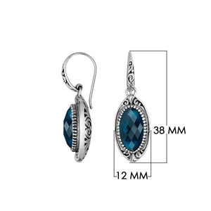 Sterling Silver London Blue Topaz Quartz Faceted Oval Earrings With Ornate Bali Frame And Oxidized Finish