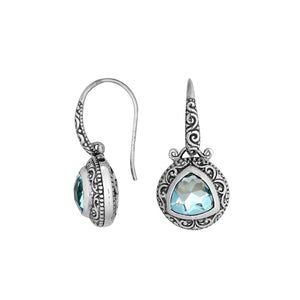 Sterling Silver Bali Earrings Featuring Faceted Blue Topaz Quartz Triangle With Oxidized Engraved Patterns For Wholesale Jewelry Buyers