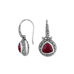 Sterling Silver Bali Engraved Earrings With Faceted Ruby Triangle And Oxidized Decorative Detailing For Wholesale Buyers
