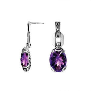 Wholesale Sterling Silver Amethyst Quartz Oval Dangle Earrings With Carved Bali Accents