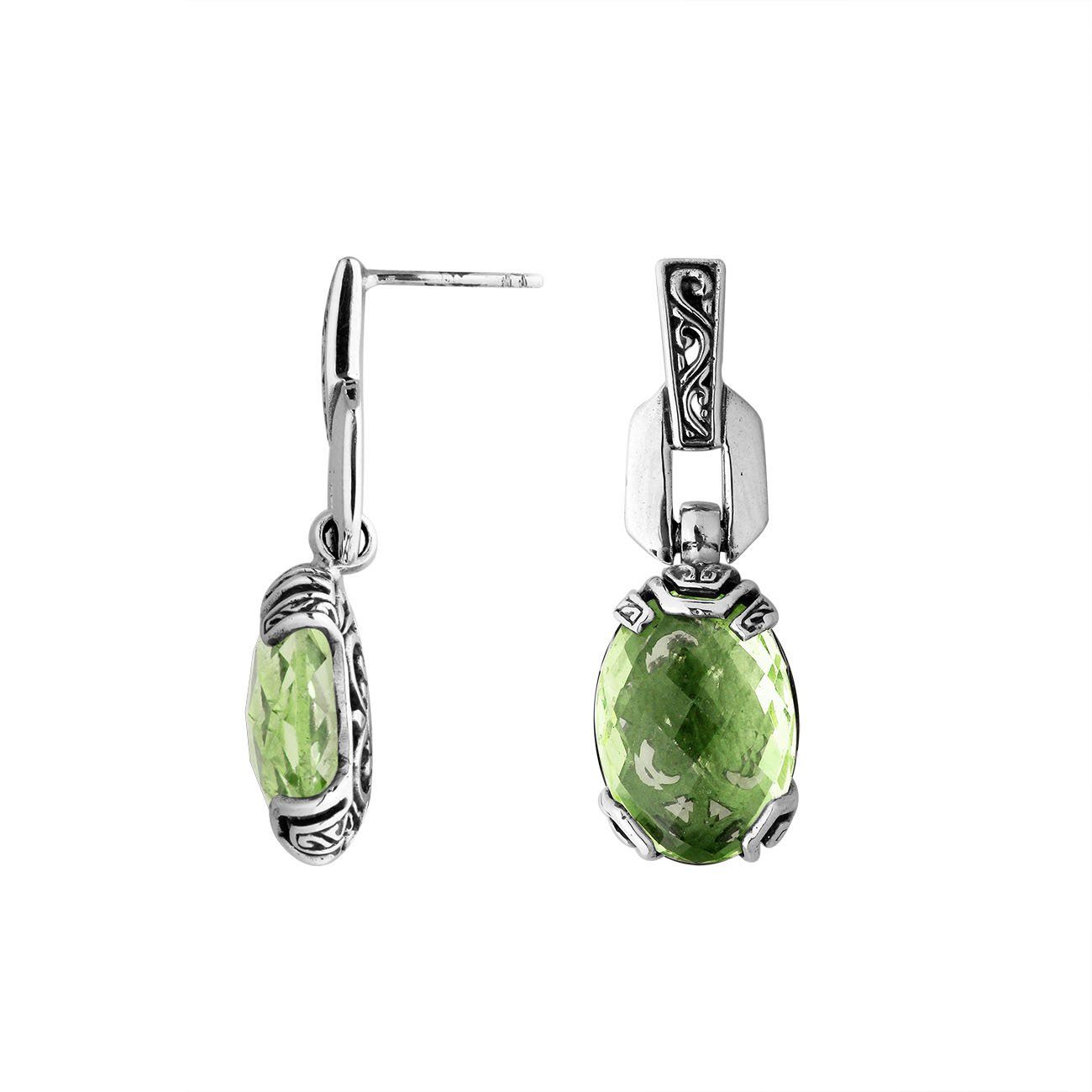 Wholesale Sterling Silver Green Amethyst Quartz Oval Dangle Earrings With Balinese Engraved Accents