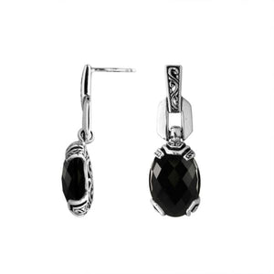 Wholesale Sterling Silver Black Onyx Oval Dangle Earrings With Balinese Engraved Accents