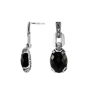 Wholesale Sterling Silver Black Onyx Oval Dangle Earrings With Balinese Engraved Accents